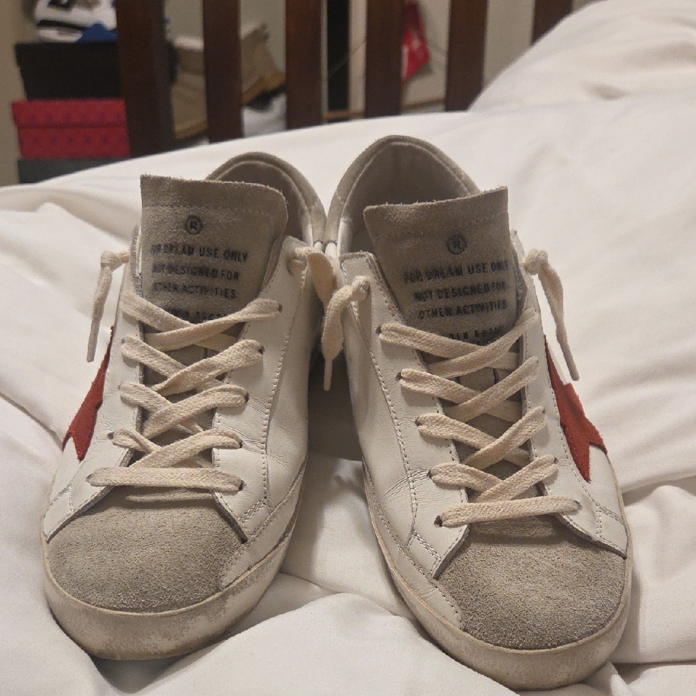 Golden Goose Super-Star Where And Gray Sneakers With Red Star, Size 37